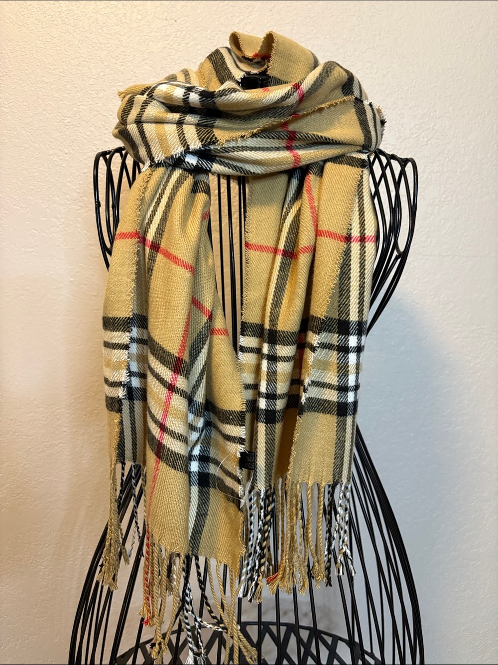 Cashmere scarf tan black red plaid design NWOT